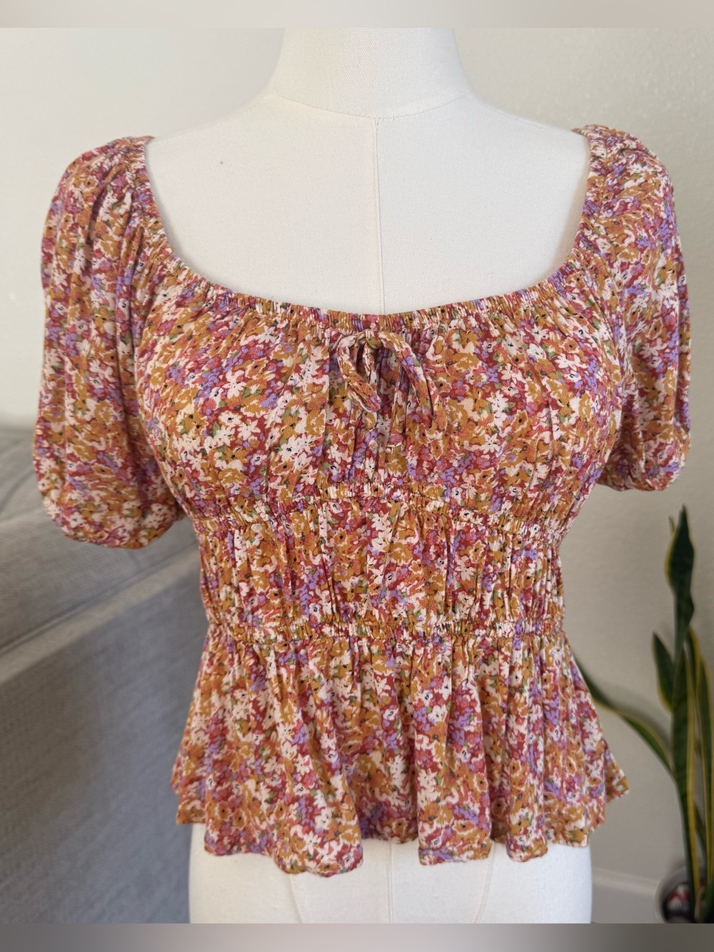 Medium Floral Blouse M Boho Puff Short Sleeve Top Cottagecore Feminine Cute